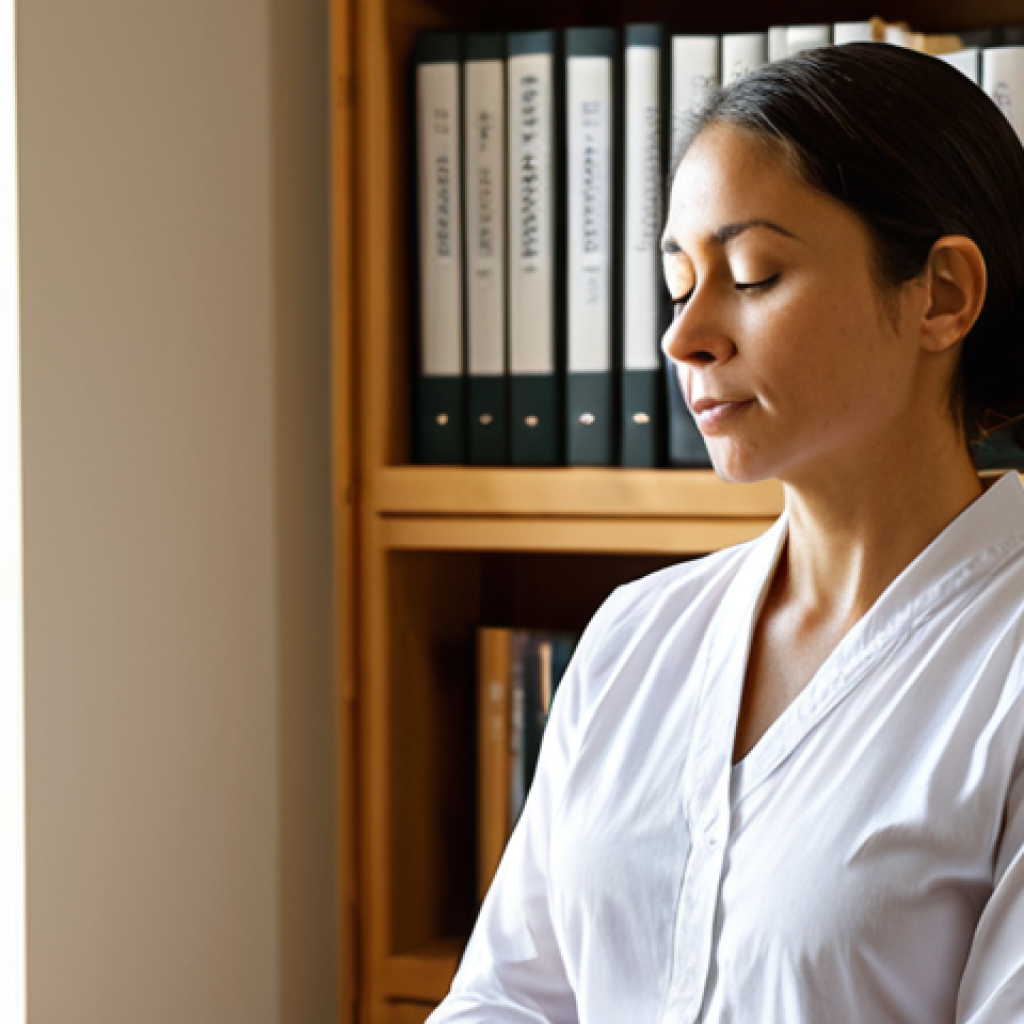 **
A calm, mindful social worker meditating in a sunlit office. She is wearing professional attire and has a serene expression. Bookshelves with titles like "Child Development" and "Ethical Practice" are visible in the background, along with a framed NASW Code of Ethics. Soft, diffused lighting. The overall feeling should be one of peace, competence, and readiness.
**