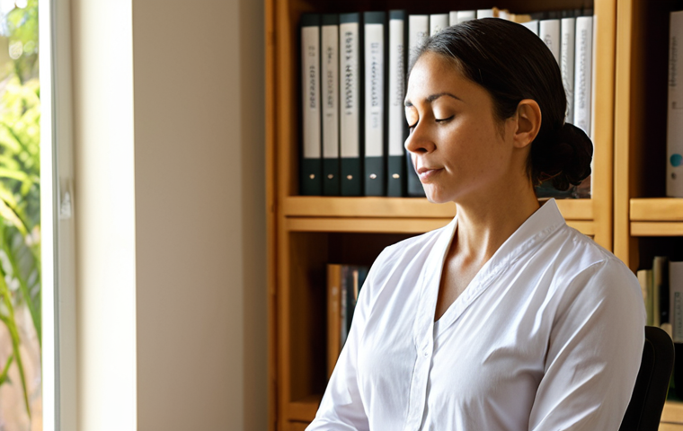 **
A calm, mindful social worker meditating in a sunlit office. She is wearing professional attire and has a serene expression. Bookshelves with titles like "Child Development" and "Ethical Practice" are visible in the background, along with a framed NASW Code of Ethics. Soft, diffused lighting. The overall feeling should be one of peace, competence, and readiness.
**