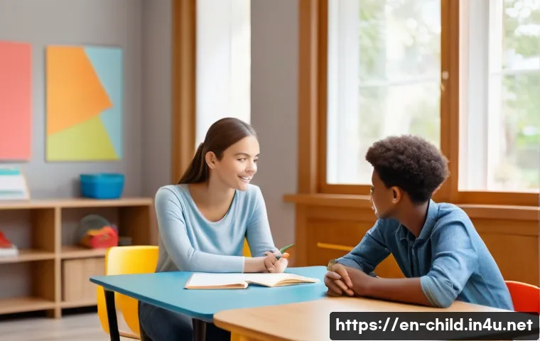 아동상담사 직무 성과 향상 방안 - A warm and inviting counseling room scene featuring a diverse child aged around 7 years, sitting com...