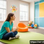 Home 20 아동상담사 취업 후 실무 향상 방법 - A warm, inviting child counseling room with soft pastel colors, filled with playful toys, colorful d...