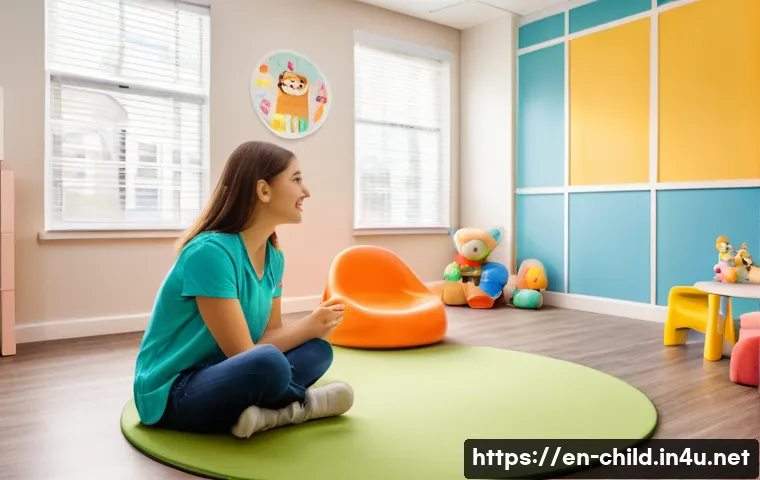 아동상담사 취업 후 실무 향상 방법 - A warm, inviting child counseling room with soft pastel colors, filled with playful toys, colorful d...