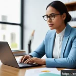 Home 18 아동상담사 연봉 협상 사례 - A confident professional child counselor in a modern office setting, sitting at a desk with a laptop...