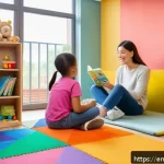 Home 23 아동상담사 교육과정 - A warm and inviting child counseling session scene in a modern therapy room, featuring a diverse fem...