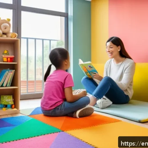 Home 17 아동상담사 교육과정 - A warm and inviting child counseling session scene in a modern therapy room, featuring a diverse fem...