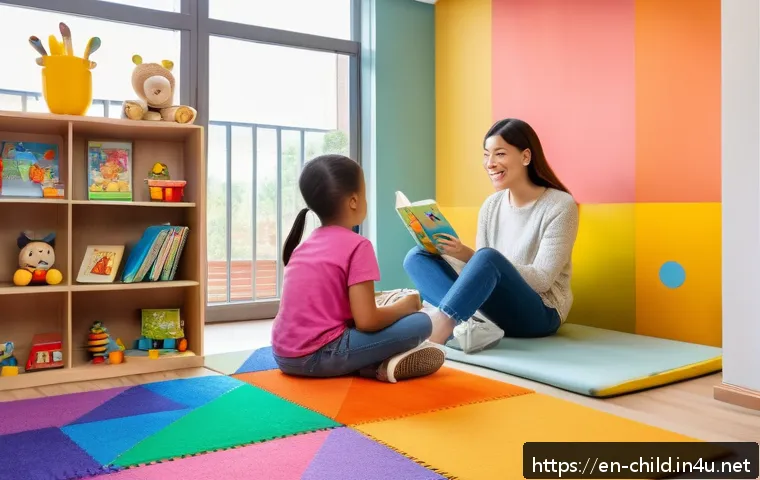 아동상담사 교육과정 - A warm and inviting child counseling session scene in a modern therapy room, featuring a diverse fem...